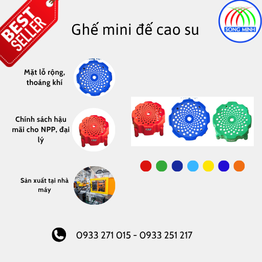 Ghế mini chân đế cao su Ghế mini chân đế cao su, chất liệu nhựa PP nguyên sinh, chống trượt, thích hợp cho trẻ em và gia đình – sản xuất bởi Nhựa Song Minh.