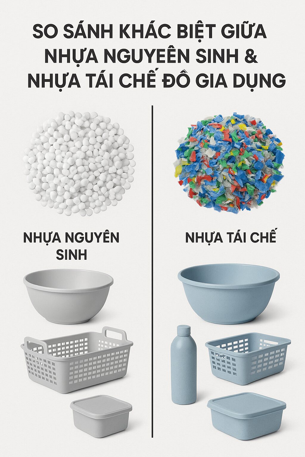 So Sánh Khác Biệt Giữa Nhựa Nguyên Sinh & Nhựa Tái Chế Đồ Gia Dụng